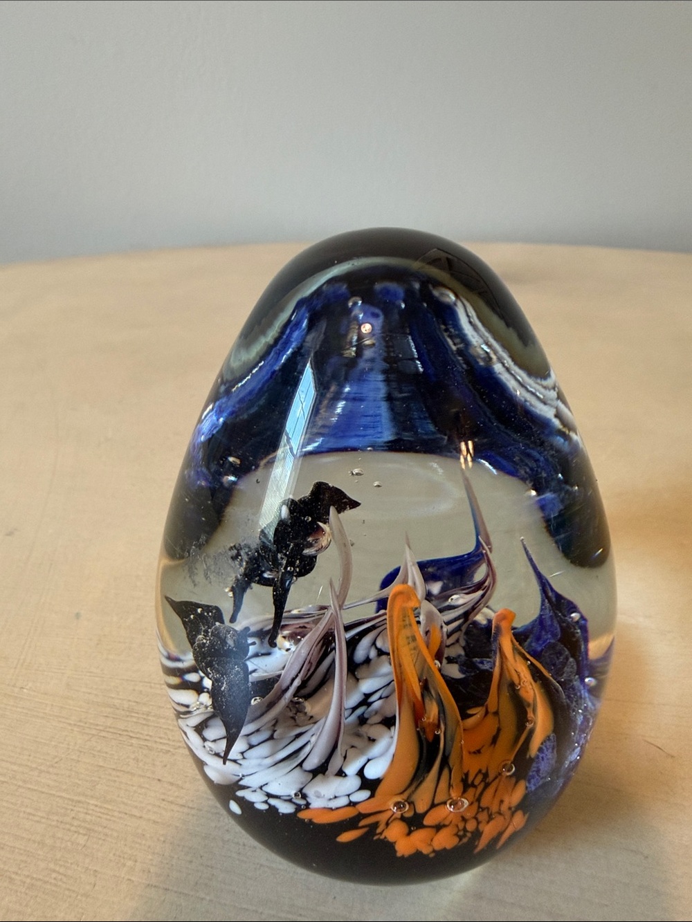 Handcrafted Glass Art Paperweight with Black Bats Orange and Blue Accents EUC - Picture 2 of 8
